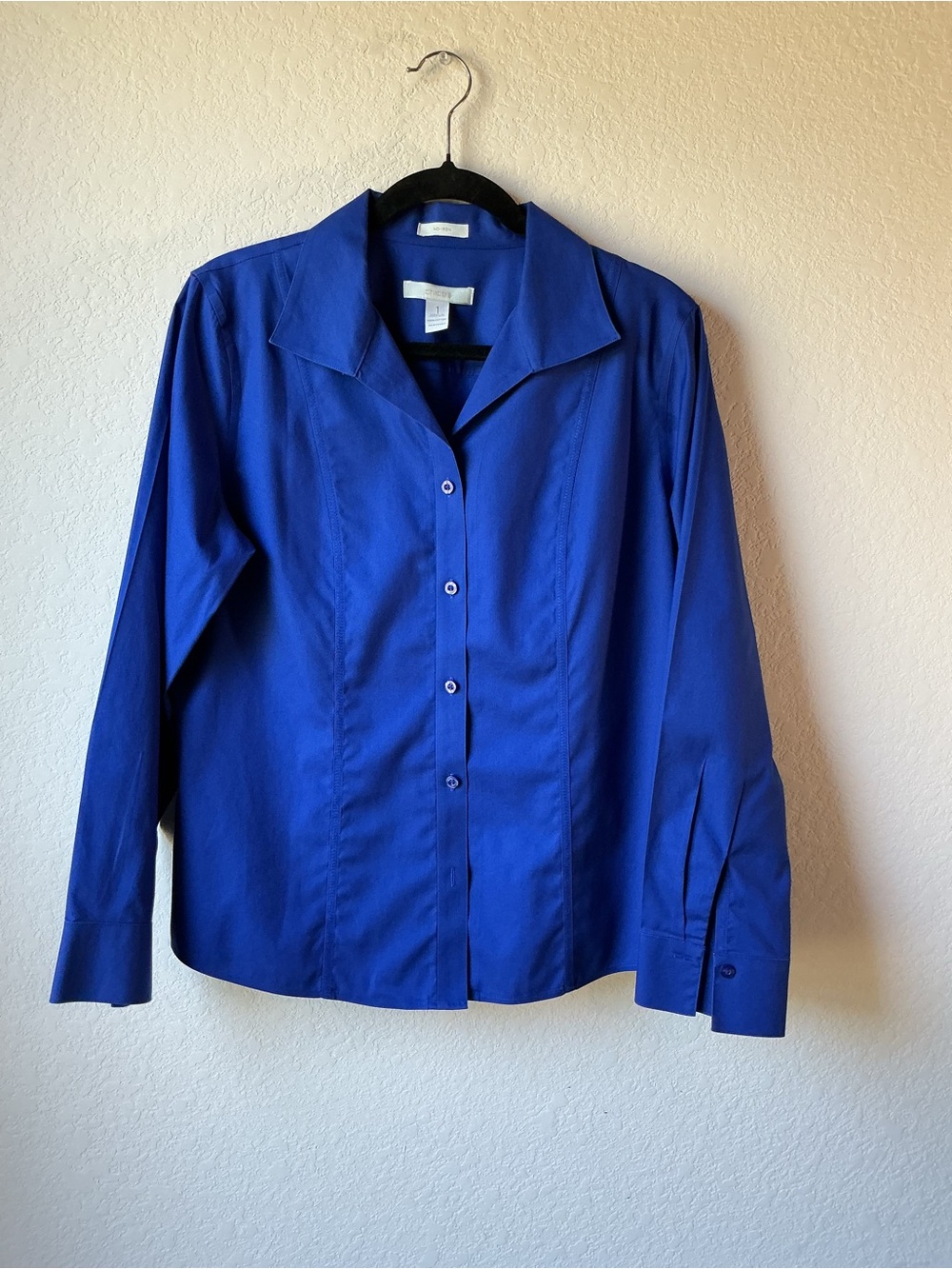 Chico’s No Iron Cobalt Blue Button Down Blouse Sz 1